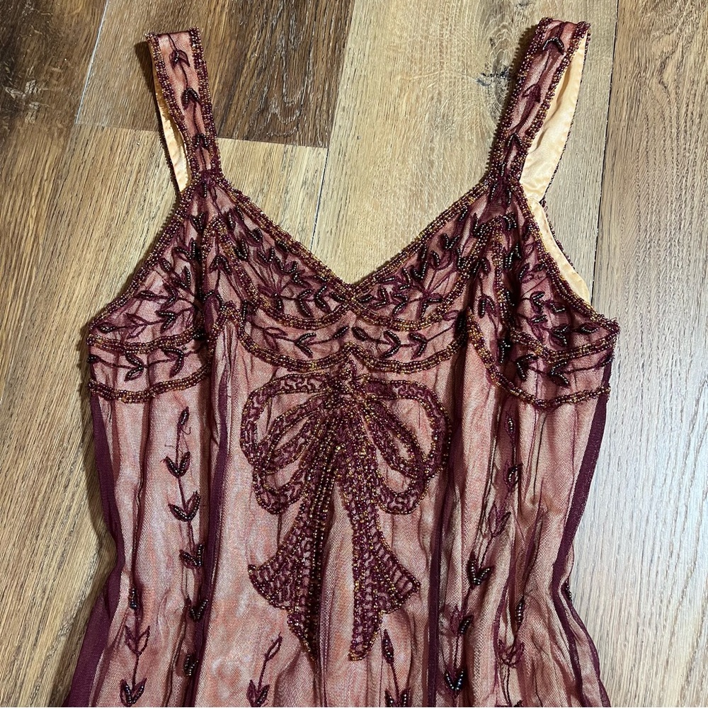 Vintage Y2K Beaded Dress Vintage Embroidered Mesh Burgundy Bow Flapper Dress - Picture 3 of 14
